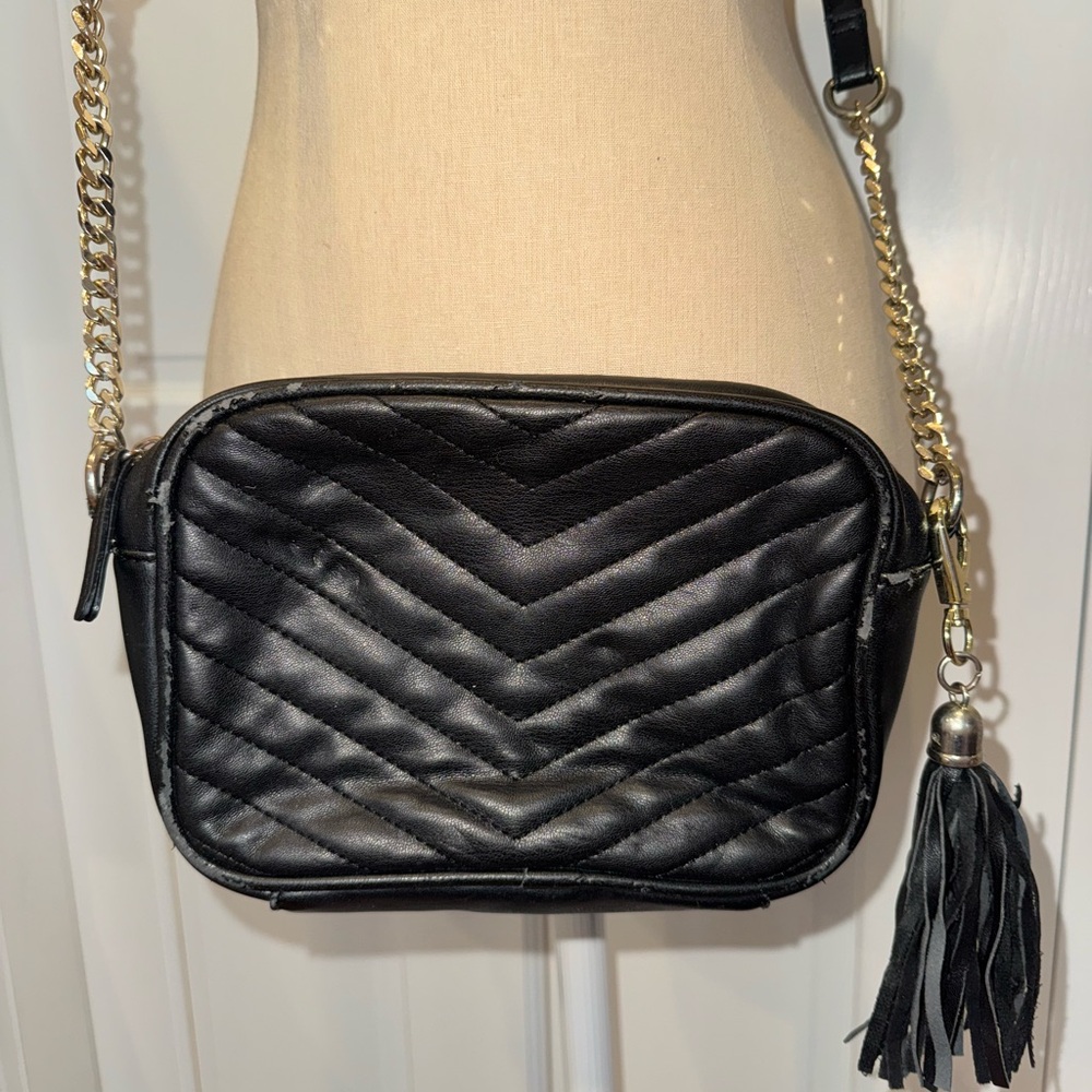 Black Quilted Crossbody Bag with Gold Chain